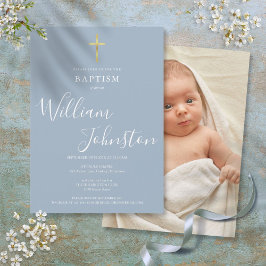 Moderne Taufe Christening Dusty Blue Foto Einladung