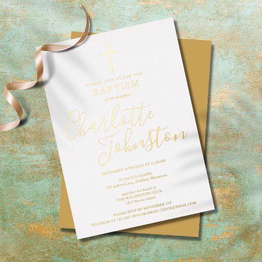Moderne Taufe Christening Elegante Signatur Gold Folieneinladung