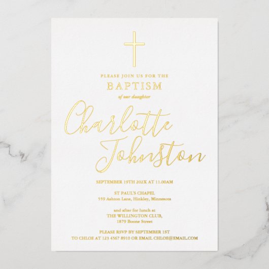 Moderne Taufe Christening Elegante Signatur Gold Folieneinladung (Vorderseite)