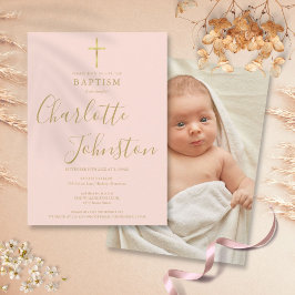 Moderne Taufe Christening Gold Blush Pink Foto Einladung