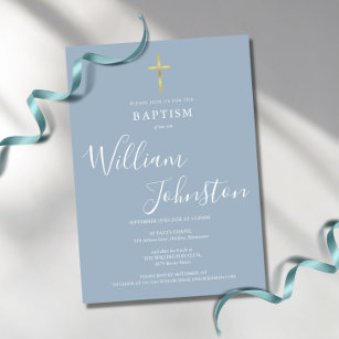 Moderne Taufe Christening Gold Cross Dusty Blue Einladung