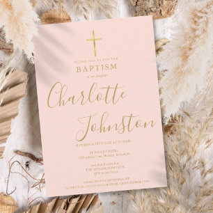 Moderne Taufe Christening Gold Schrift Blassrosa Einladung