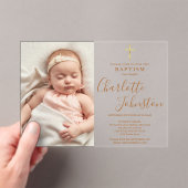 Moderne Taufe Christening Golden Script Foto Acryleinladungen (Insitu (Handheld))