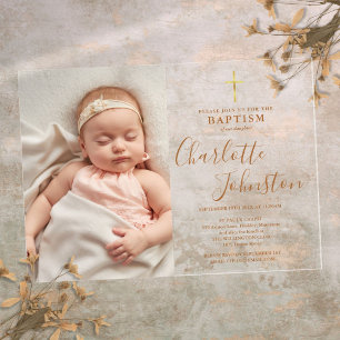 Moderne Taufe Christening Golden Script Foto Acryleinladungen