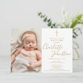 Moderne Taufe Christening Golden Script Foto Einladung (Stehend Vorderseite)