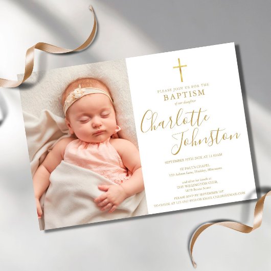 Moderne Taufe Christening Golden Script Foto Einladung