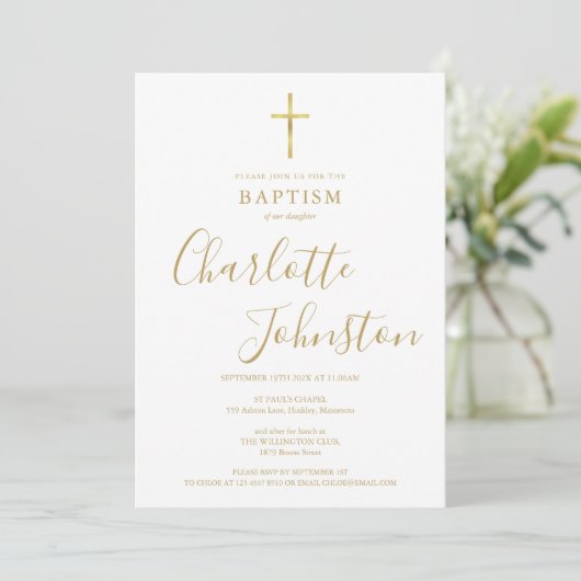 Moderne Taufe Christening Golden Signature Einladung (Stehend Vorderseite)