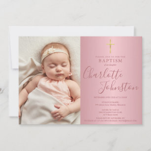 Moderne Taufe Christening Rose Gold Script Foto Einladung