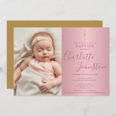Moderne Taufe Christening Rose Gold Script Foto Einladung (Vorne/Hinten)