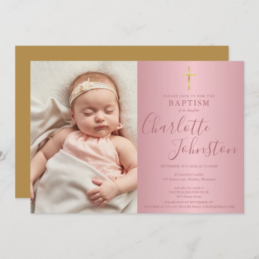 Moderne Taufe Christening Rose Gold Script Foto Einladung (Vorne/Hinten)