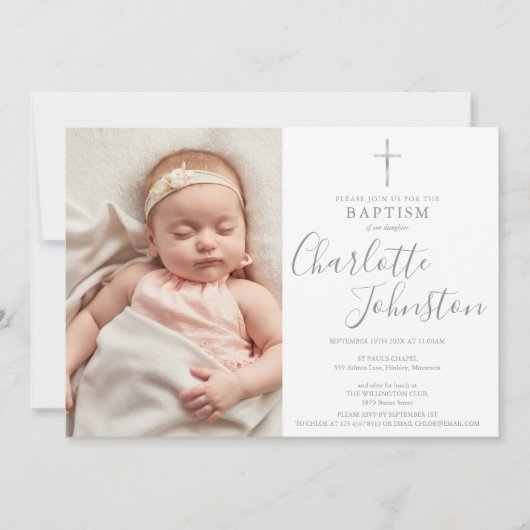 Moderne Taufe Christening Silver Script Foto Einladung (Vorderseite)
