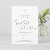 Moderne Taufe Christening Silver Signature Foto Einladung (Stehend Vorderseite)