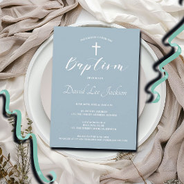 Moderne Taufe Christening White Cross Dusty Blue Einladung
