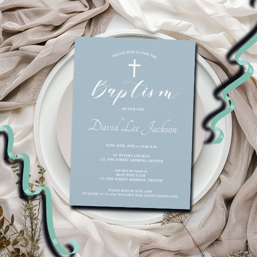 Moderne Taufe Christening White Cross Dusty Blue Einladung