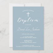 Moderne Taufe Christening White Cross Dusty Blue Einladung (Vorderseite)