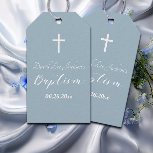 Moderne Taufe Christening White Cross Dusty Blue Geschenkanhänger