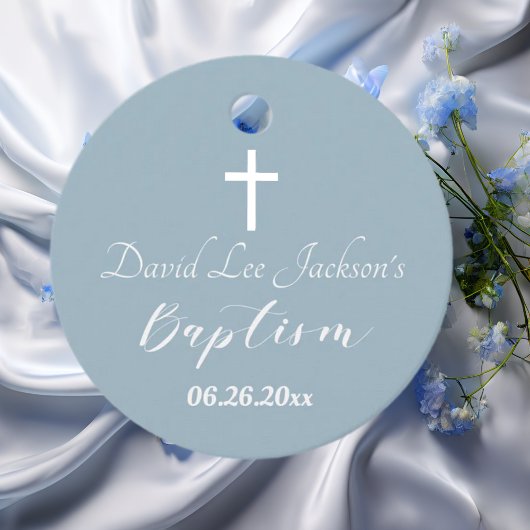 Moderne Taufe Christening White Cross Dusty Blue Geschenkanhänger