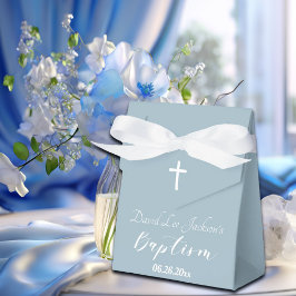 Moderne Taufe Christening White Cross Dusty Blue Geschenkschachtel