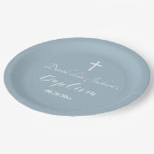 Moderne Taufe Christening White Cross Dusty Blue Pappteller (Schrägansicht)