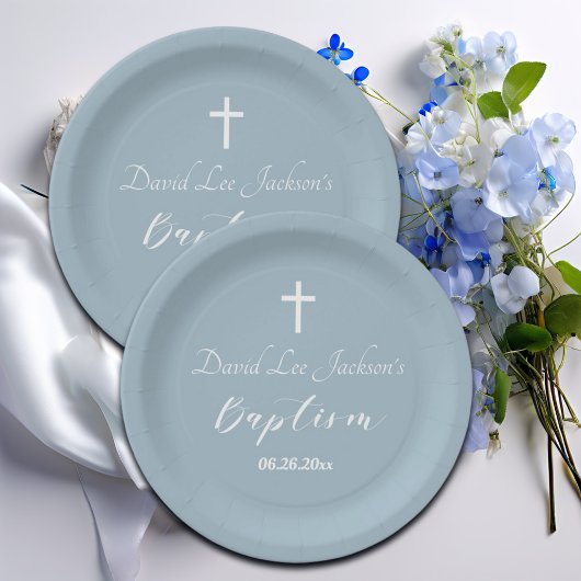 Moderne Taufe Christening White Cross Dusty Blue Pappteller