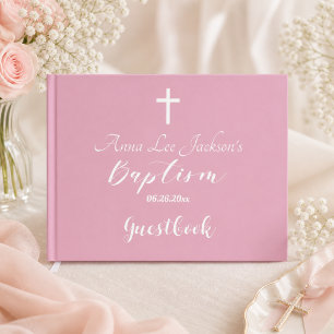 Moderne Taufe Christening White Cross Dusty Pink Gästebuch