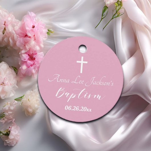 Moderne Taufe Christening White Cross Dusty Pink Geschenkanhänger