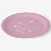 Moderne Taufe Christening White Cross Dusty Pink Pappteller (Schrägansicht)