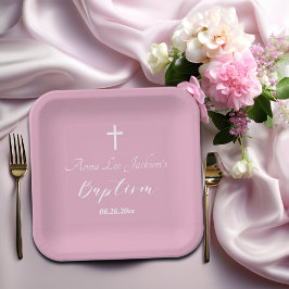 Moderne Taufe Christening White Cross Dusty Pink Pappteller