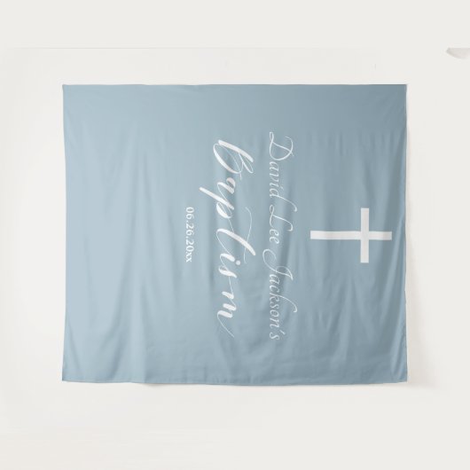 Moderne Taufe Dusty Blue Begrüßungsgrunst Wandteppich (Vorderseite (Horizontal))
