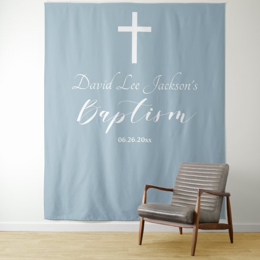 Moderne Taufe Dusty Blue Begrüßungsgrunst Wandteppich (Beispiel)