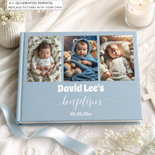 Moderne Taufe Foto Collage Dusty Blue Gästebuch