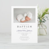 Moderne Taufe für den Blauen Foto Einladung (Stehend Vorderseite)