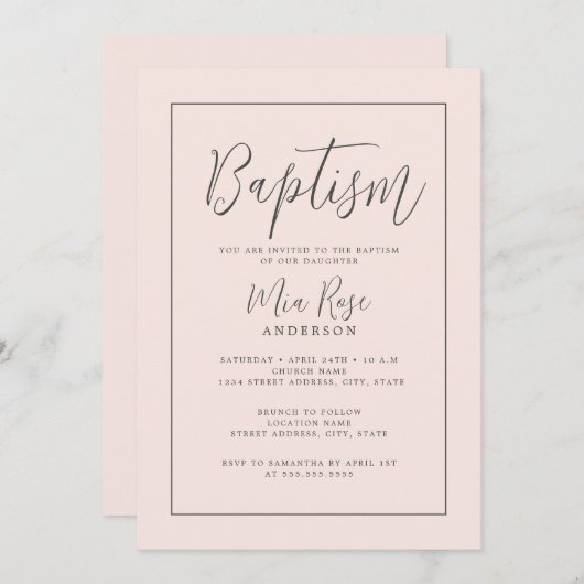 Moderne Taufe in sanften rosa Girl Einladung (Vorne/Hinten)