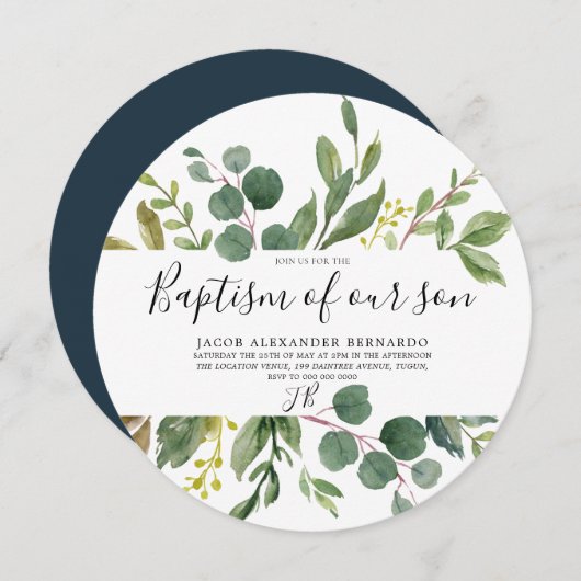 Moderne Taufe mit grünem Leaf oder Mädchen Einladung (Vorne/Hinten)