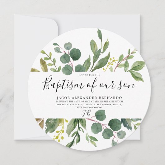 Moderne Taufe mit grünem Leaf oder Mädchen Einladung (Vorderseite)