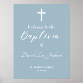 Moderne Taufe Weiß Kreuz Dusty Blau Willkommen Poster (Vorne)