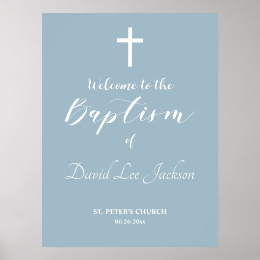 Moderne Taufe Weiß Kreuz Dusty Blau Willkommen Poster (Vorne)