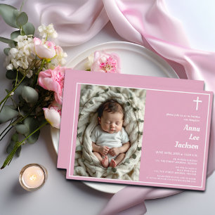 Moderne Taufe Weißes Kreuz Dusty Pink Foto Einladung