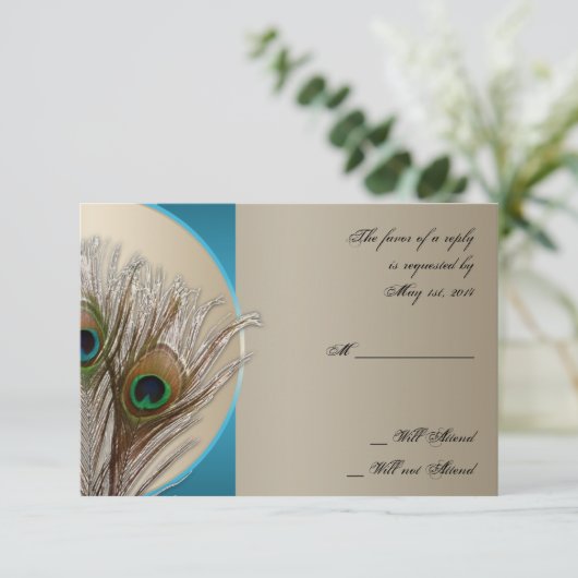 Moderne Taupe Aqua Peacock Feather Response Card RSVP Karte (Stehend Vorderseite)