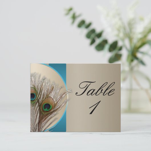 Moderne Taupe Aqua Peacock Feather Tischnummer (Stehend Vorderseite)