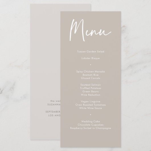 Moderne Taupe Beige Calligraphy Wedding Dinner Men Menükarte (Vorne/Hinten)