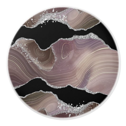 Moderne Taupe & Black Agate Silver Glitzer Geode Keramikknauf (Vorderseite)