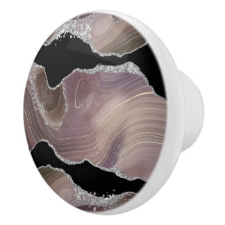 Moderne Taupe & Black Agate Silver Glitzer Geode Keramikknauf