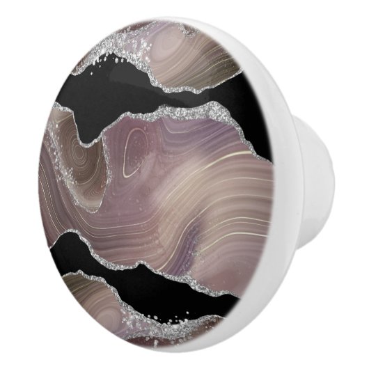 Moderne Taupe & Black Agate Silver Glitzer Geode Keramikknauf (Rechts)