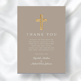 Moderne Taupe Cross Boy Taufe Dankeskarte