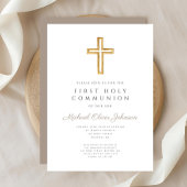 Moderne Taupe Cross Religious Boy First Communion Einladung