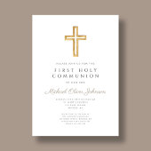 Moderne Taupe Cross Religious Boy First Communion Einladung