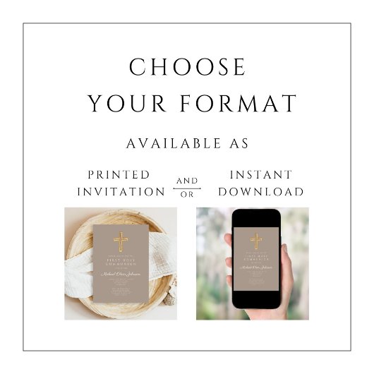 Moderne Taupe Cross Religious Boy First Communion Einladung