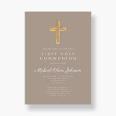 Moderne Taupe Cross Religious Boy First Communion Einladung
