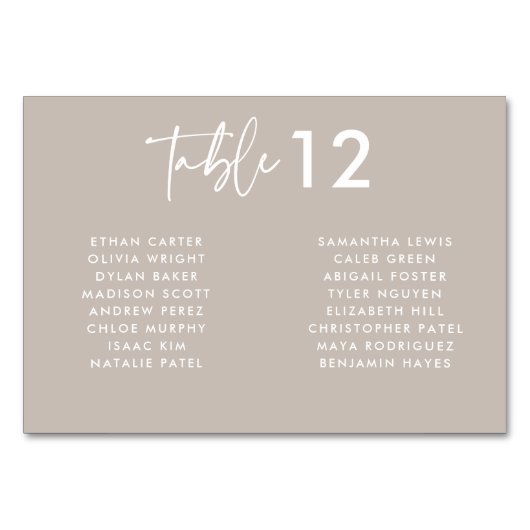 Moderne Taupe handgeschriebene Skriptnamen Hochzei Tischnummer (Vorderseite)